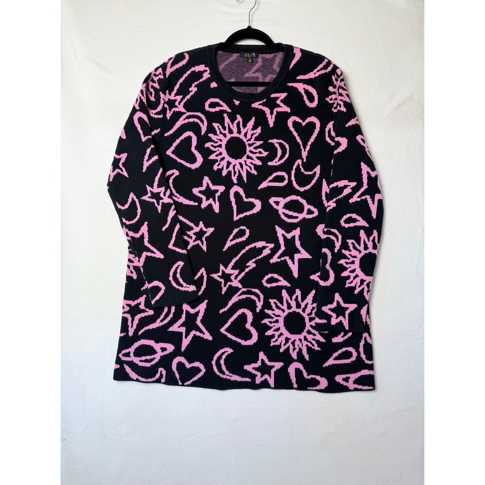 Delias Celestial Knit Sweater Dress Pink Black Stars Moon Sun Y2K Vintage